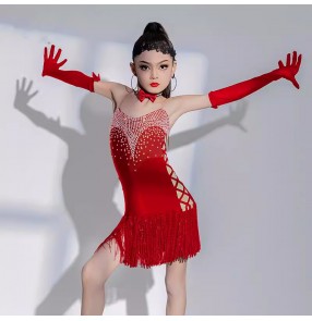 Girls kids red blue black fringe gemstones competition latin dance dresses side slit  bling salsa rumba chacha samba performance costumes for kids